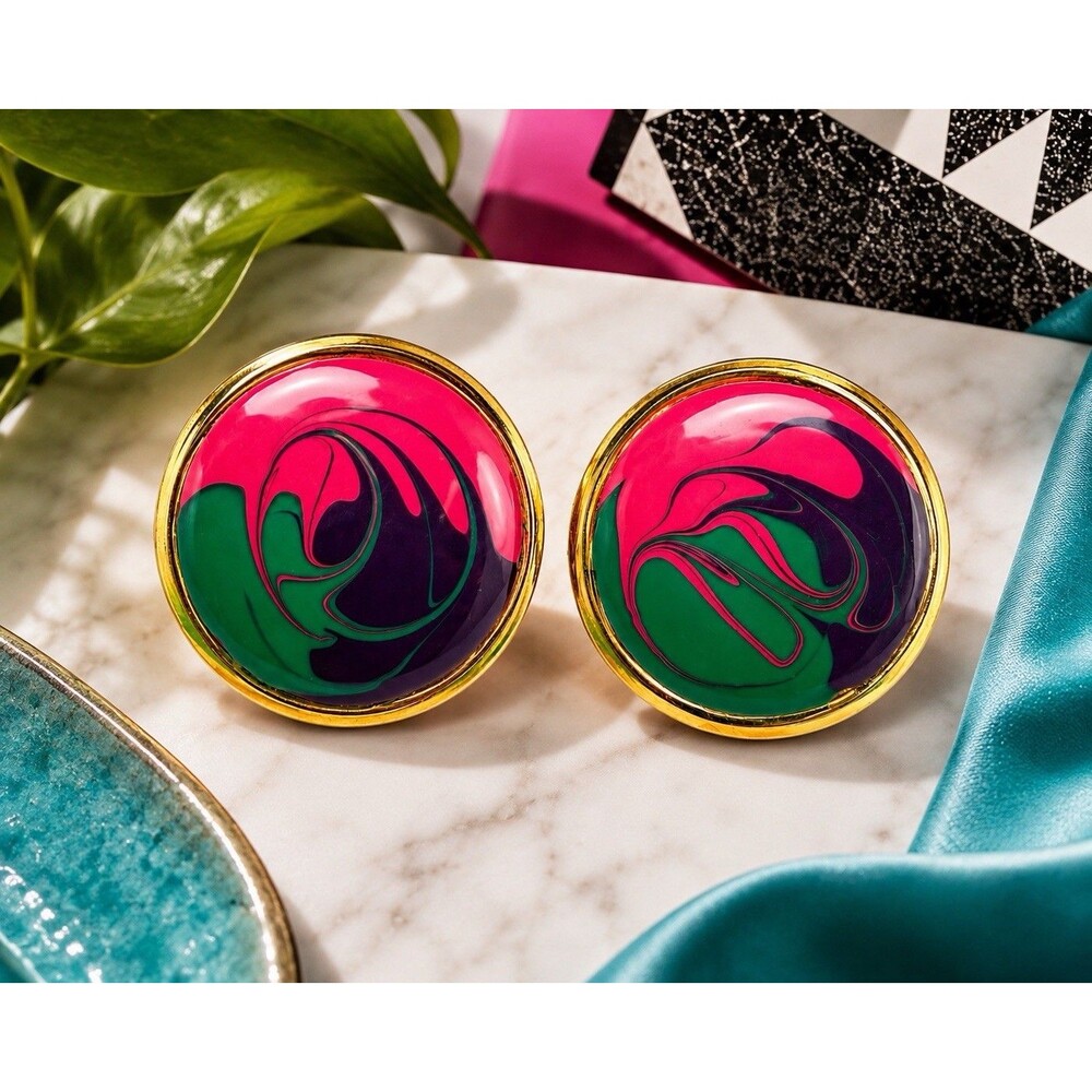 Vintage 1980s Gold Tone Painted Enamel Disc Stud Earrings Pink Green Purple